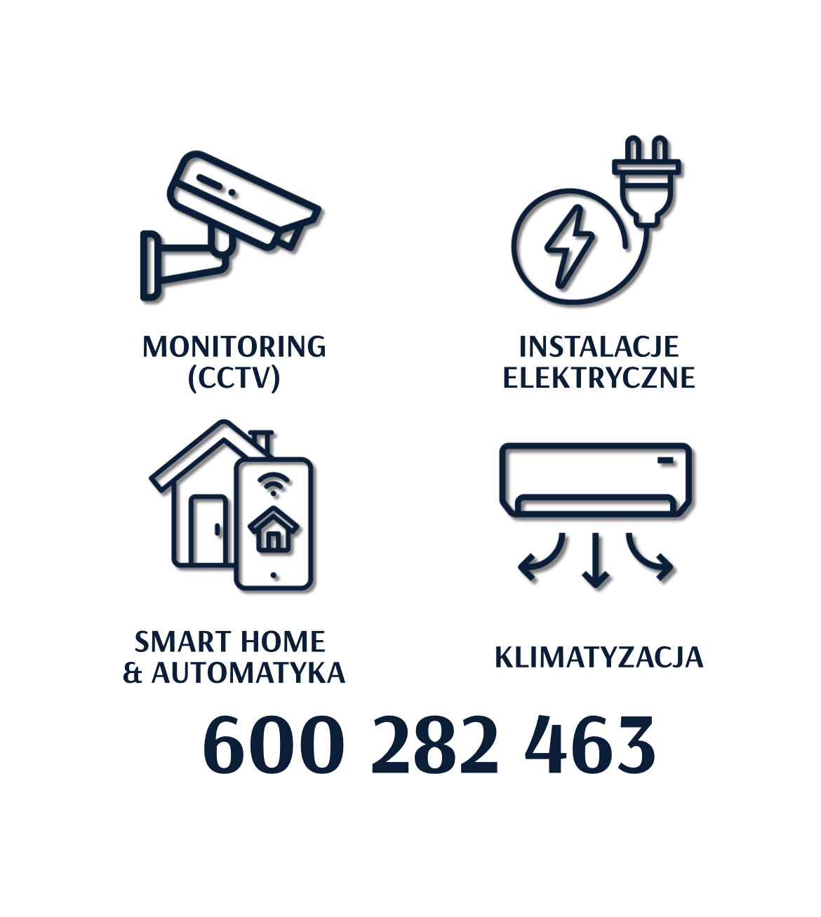 Grafika liniowa prezentująca monitoring CCTV, instalacje elektryczne, smart home i automatykę oraz klimatyzację z numerem telefonu na białym tle.