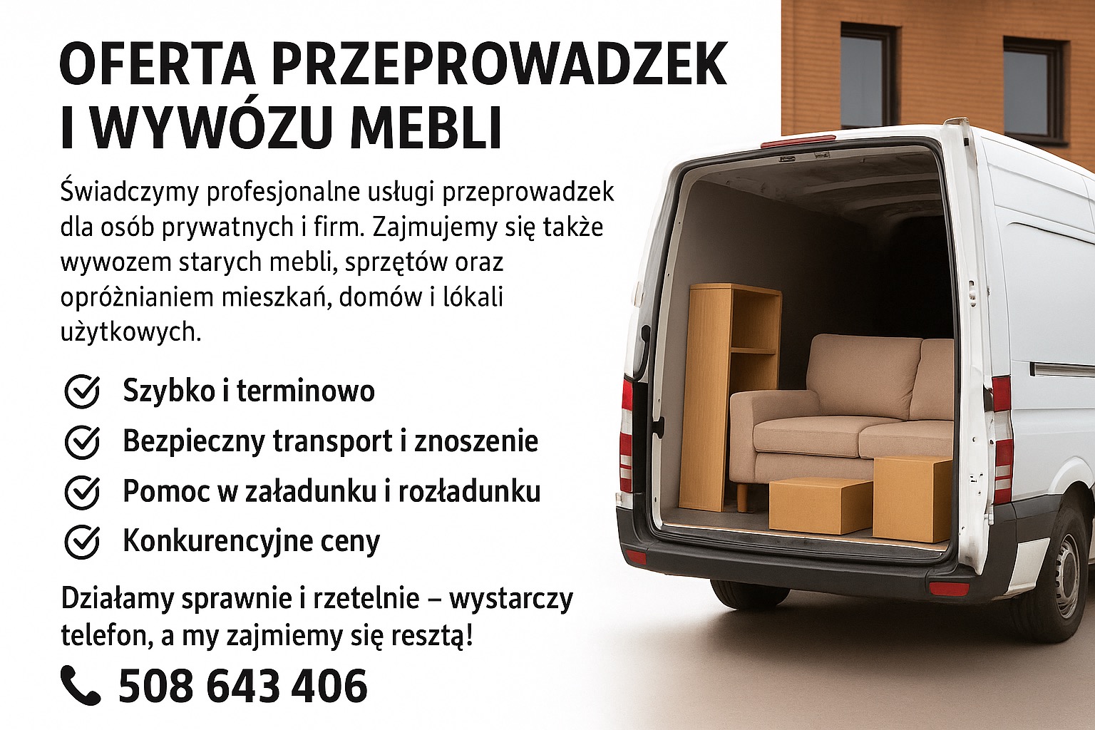 Wnętrze białego busa z załadowanymi meblami: szafka, sofa i kartony. Widoczne okna budynku w tle. Oferta przeprowadzek i wywozu mebli.