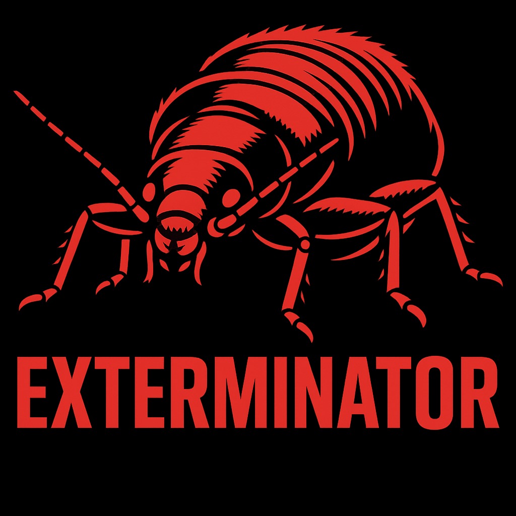 Grafika: Czerwona pchła na czarnym tle z napisem 'EXTERMINATOR'. Ilustracja usługi zwalczania insektów, grafika reklamowa firmy DDD.