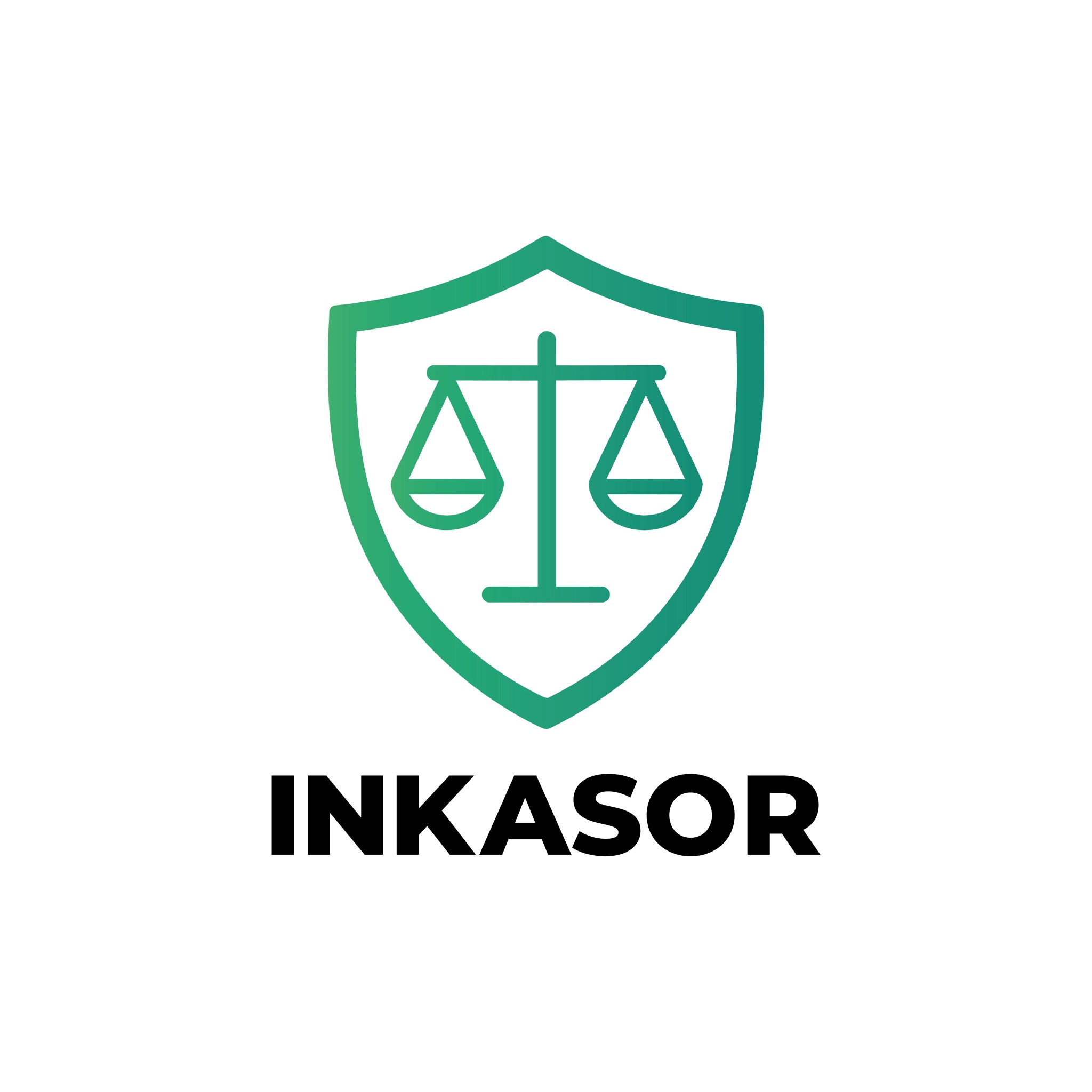 Logo firmy INKASOR: zielony gradientowy symbol w kształcie tarczy z wagą sprawiedliwości w środku, poniżej czarny napis 'INKASOR'.