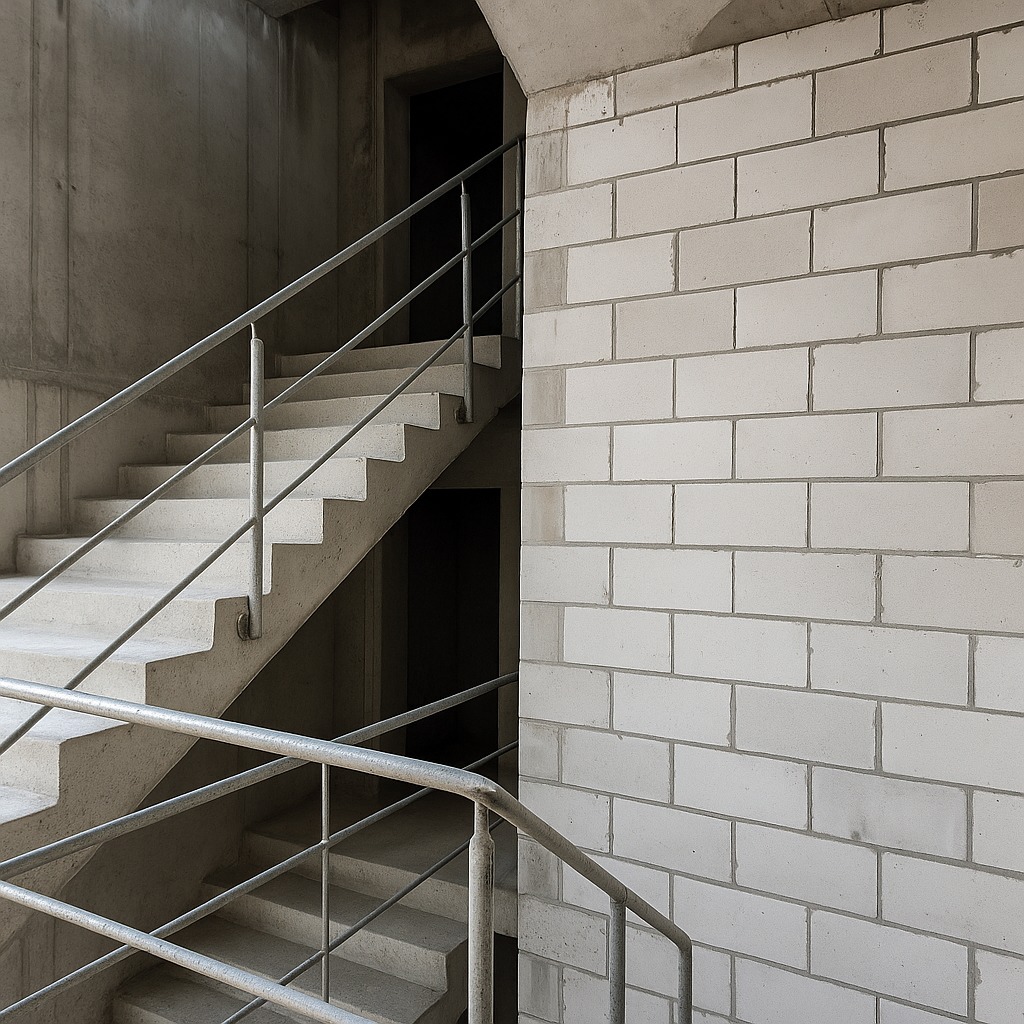 Surowe, betonowe schody z metalową barierką wewnątrz budynku, obok ściana z białych bloczków. W tle widoczne ciemne wejście.