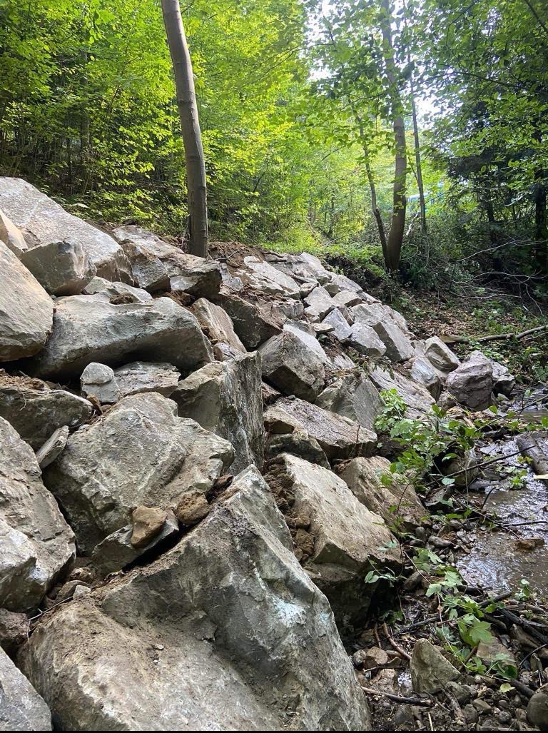 Skarpa umocniona dużymi, nieregularnymi kamieniami w naturalnym otoczeniu leśnym, stabilizująca teren przy cieku wodnym. Widoczny fragment kory drzewa.