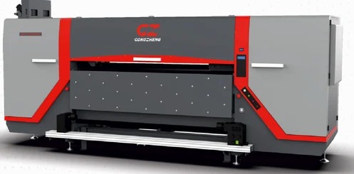Duża, przemysłowa drukarka wielkoformatowa marki Gongzheng w kolorze szarym i czerwonym, z widocznym panelem sterowania i elementami konstrukcyjnymi.
