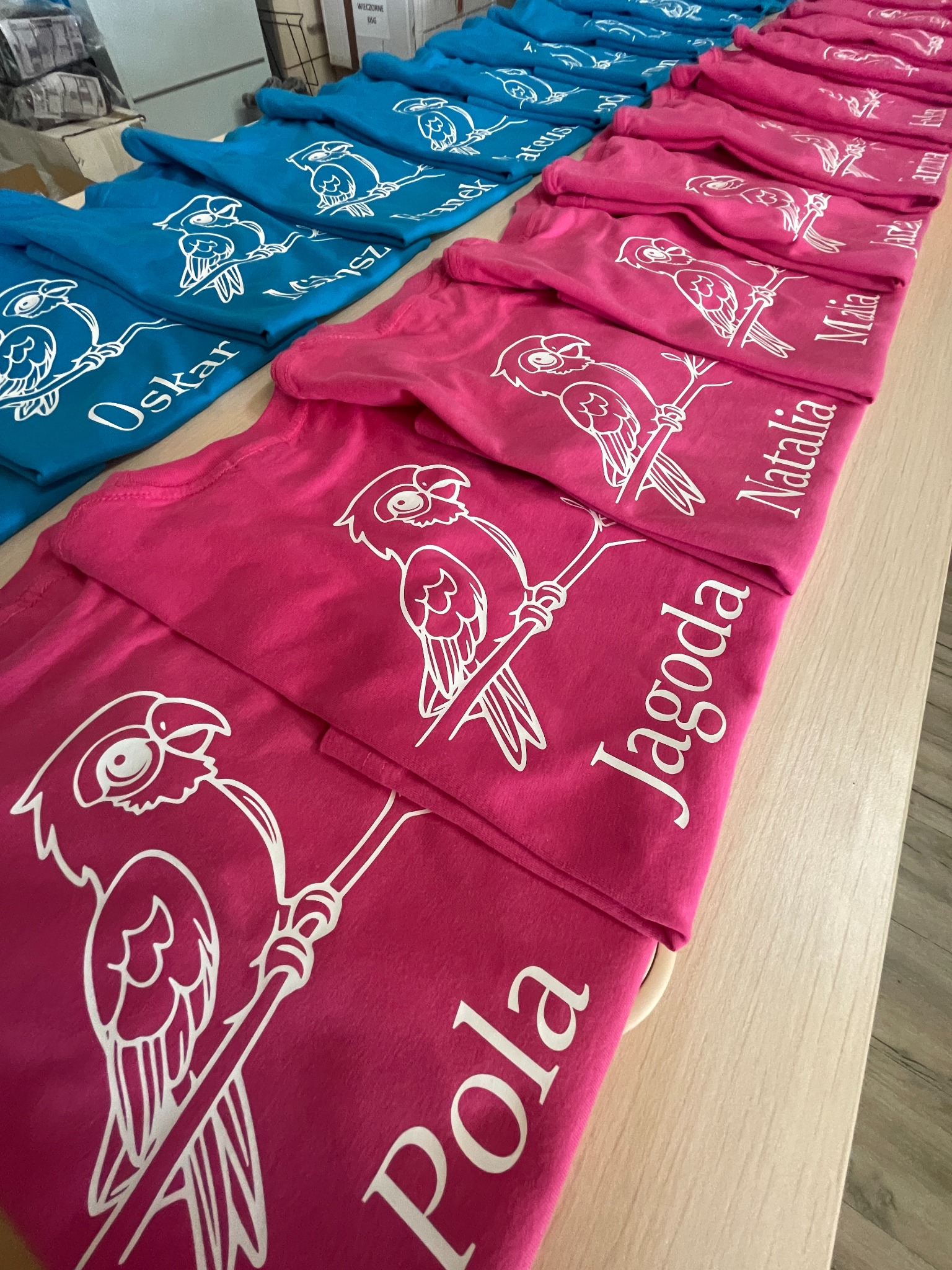 Rząd różowych i turkusowych koszulek z nadrukiem papugi i imionami, wykonanych w Orzesze. Widok z góry, ostre światło, prezentacja gotowych produktów.