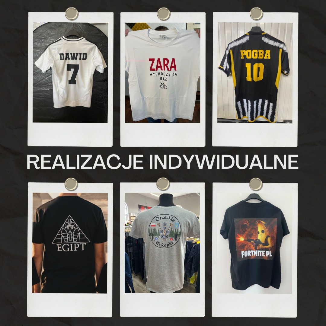 Kolaż zdjęć koszulek z indywidualnymi nadrukami, prezentujący różnorodne wzory i motywy, od sportowych po humorystyczne, w stylu polaroid.