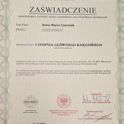 Zaświadczenie ukończenia kursu I Stopnia na Głównego Księgowego