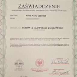 Zaświadczenie ukończenia kursu I Stopnia na Głównego Księgowego