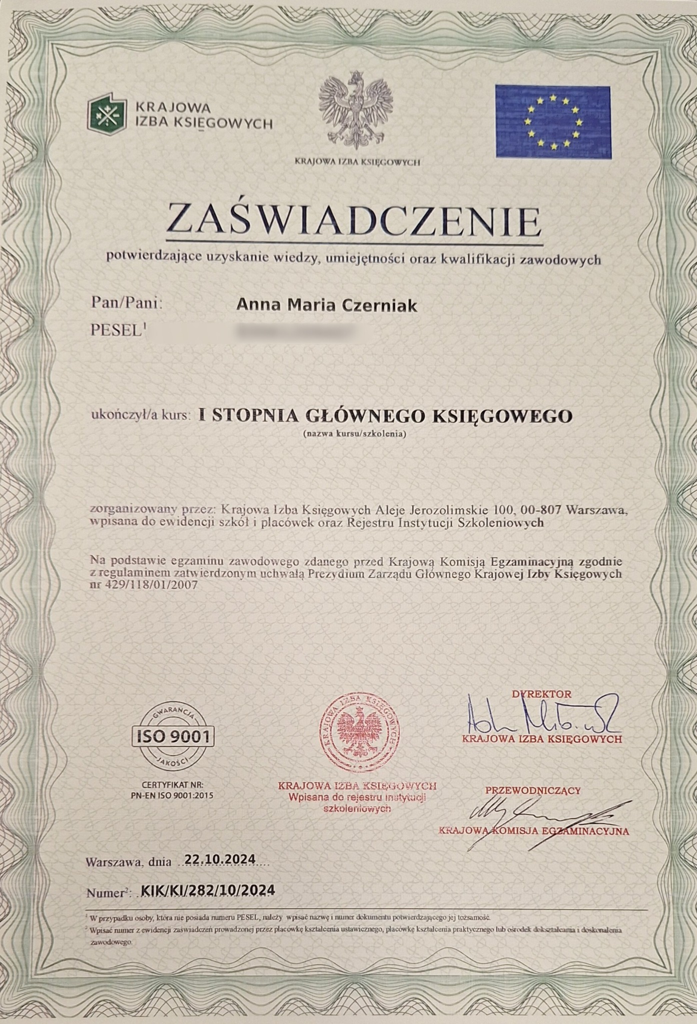 Zaświadczenie ukończenia kursu I Stopnia na Głównego Księgowego