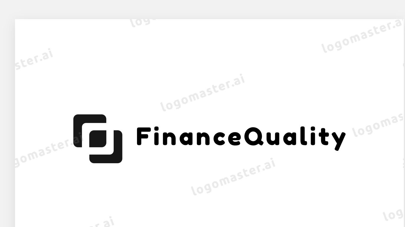 Proste logo FinanceQuality z symbolem kwadratu z wyciętym rogiem, czarny napis na białym tle, estetyczny minimalizm.