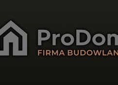 Logo firmy budowlanej ProDom z symbolem domu i napisem FIRMA BUDOWLANA na ciemnym tle. Minimalistyczny design, szare elementy na czarnym tle.
