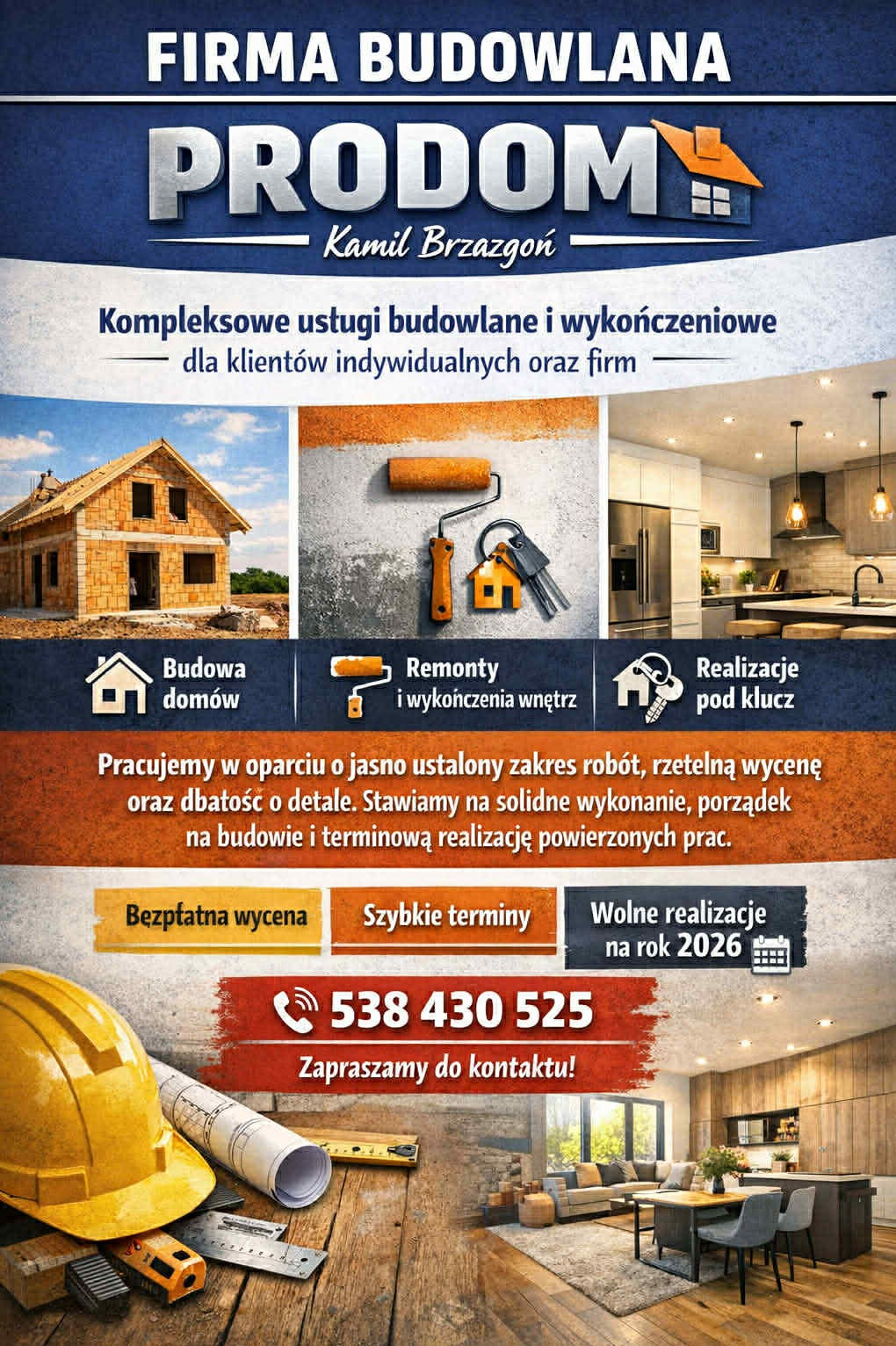 Baner firmy budowlanej Prodom z ofertą kompleksowych usług budowlanych i wykończeniowych. Na banerze zdjęcia realizacji: dom w budowie, malowanie, wykończona kuchnia.