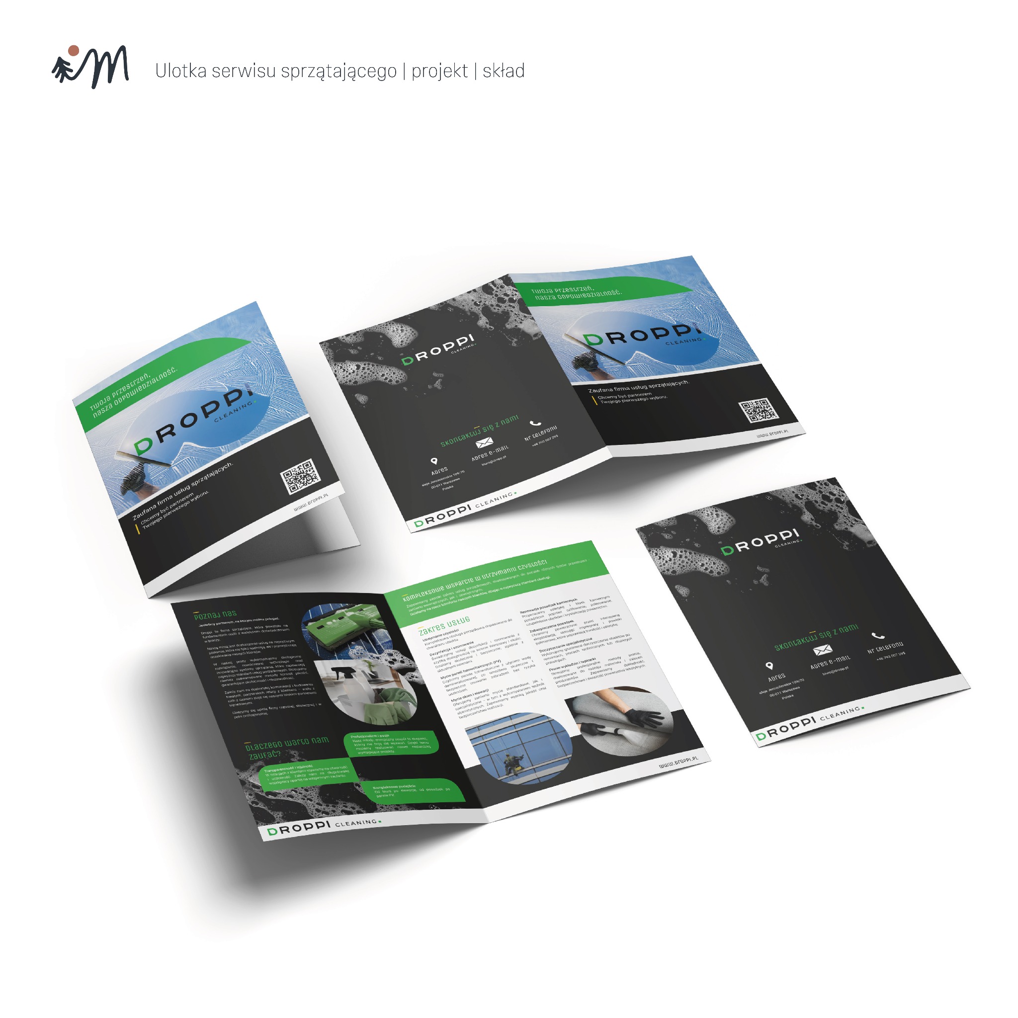 Projekt ulotki reklamowej firmy sprzątającej z logo Droppi Cleaning. Ulotka w odcieniach błękitu i szarości prezentuje ofertę i dane kontaktowe firmy.