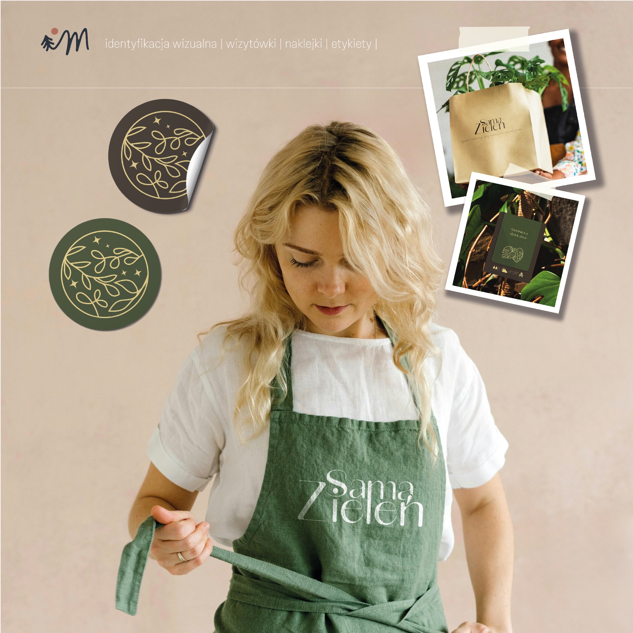 Identyfikacja wizualna marki: naklejki z motywem roślinnym, wizytówki, torba papierowa i kobieta w zielonym fartuchu z logo firmy.