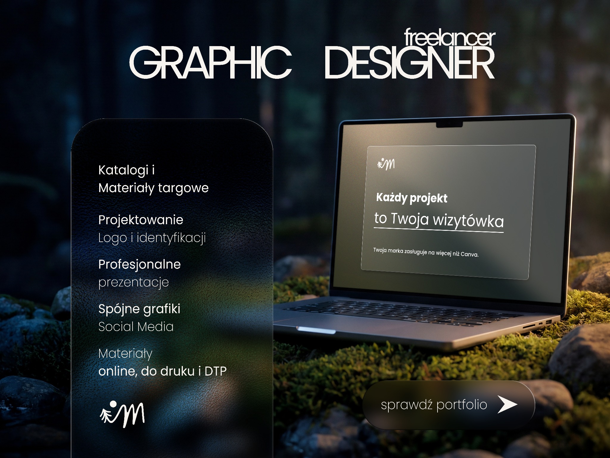 Portfolio graficzne freelancera: laptop prezentuje wizytówkę na tle leśnym, obok lista usług - katalogi, logo, prezentacje, grafiki social media, materiały DTP.