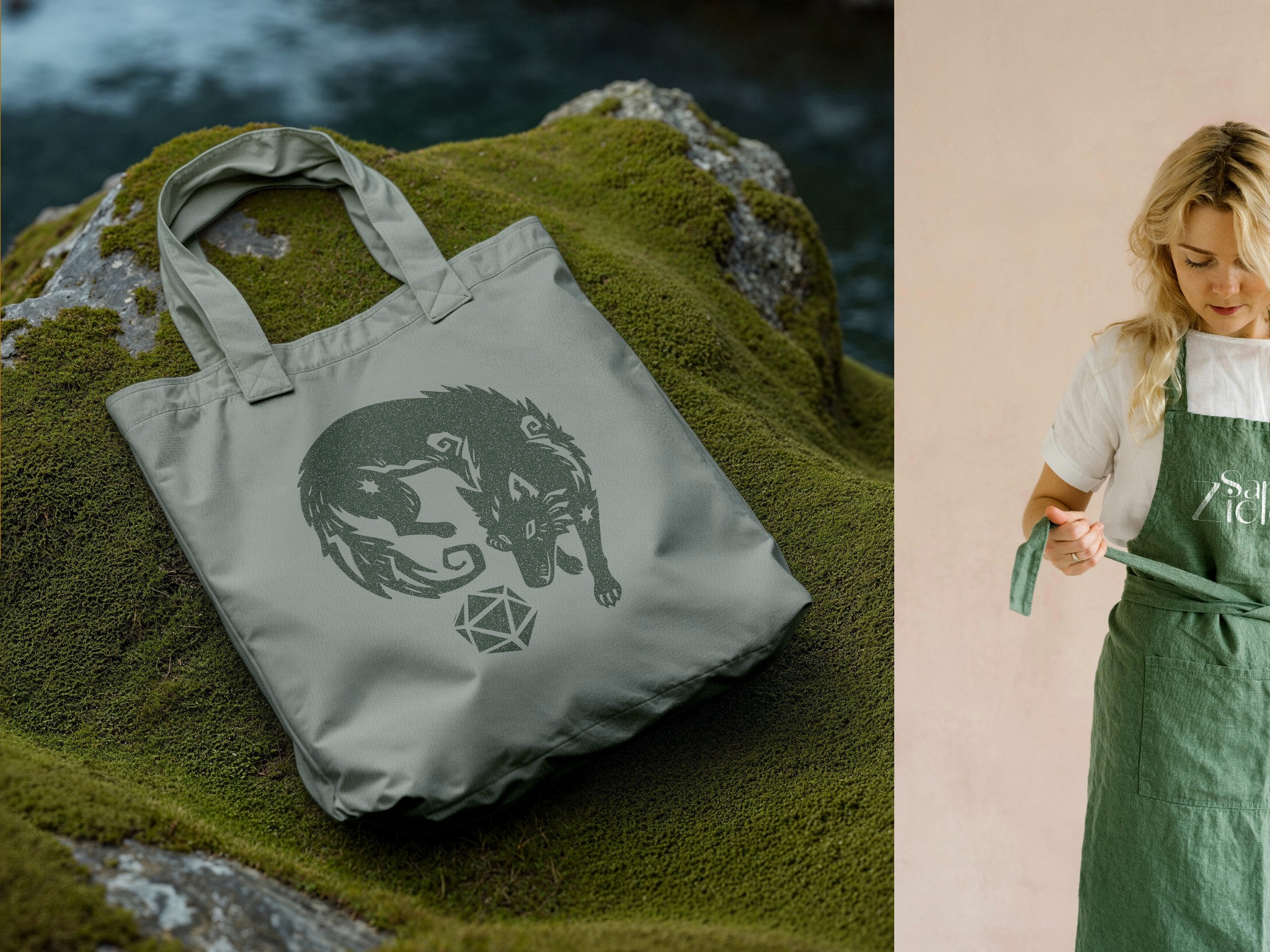 Szara torba bawełniana z nadrukiem wilka i dwudziestościennej kostki, leżąca na mchu. Po prawej stronie kobieta w zielonym fartuchu zawiązuje go.