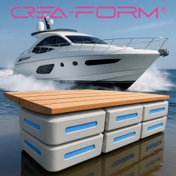 Crea-Form Sp. z o.o. - Modułowa platforma pływająca z drewnianym pokładem na wodzie, z jachtem w tle. Elementy z niebieskimi akcentami. Realizacja z wykorzystaniem precyzyjnych metod.