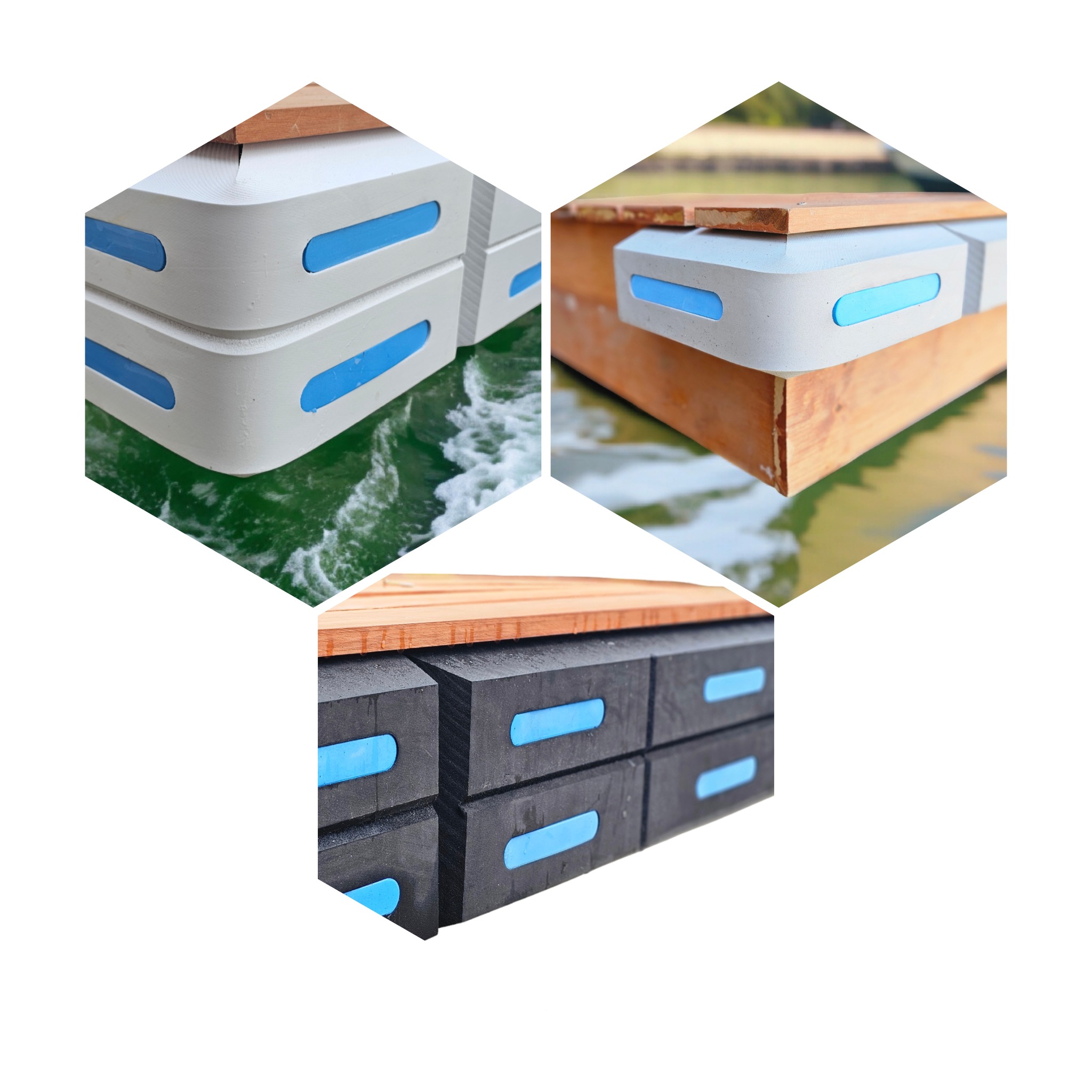 Kompozytowe pływające pomosty w trzech ujęciach: białe na wodzie, szare z drewnianym blatem i czarne z niebieskimi akcentami. Precyzyjna obróbka CNC.