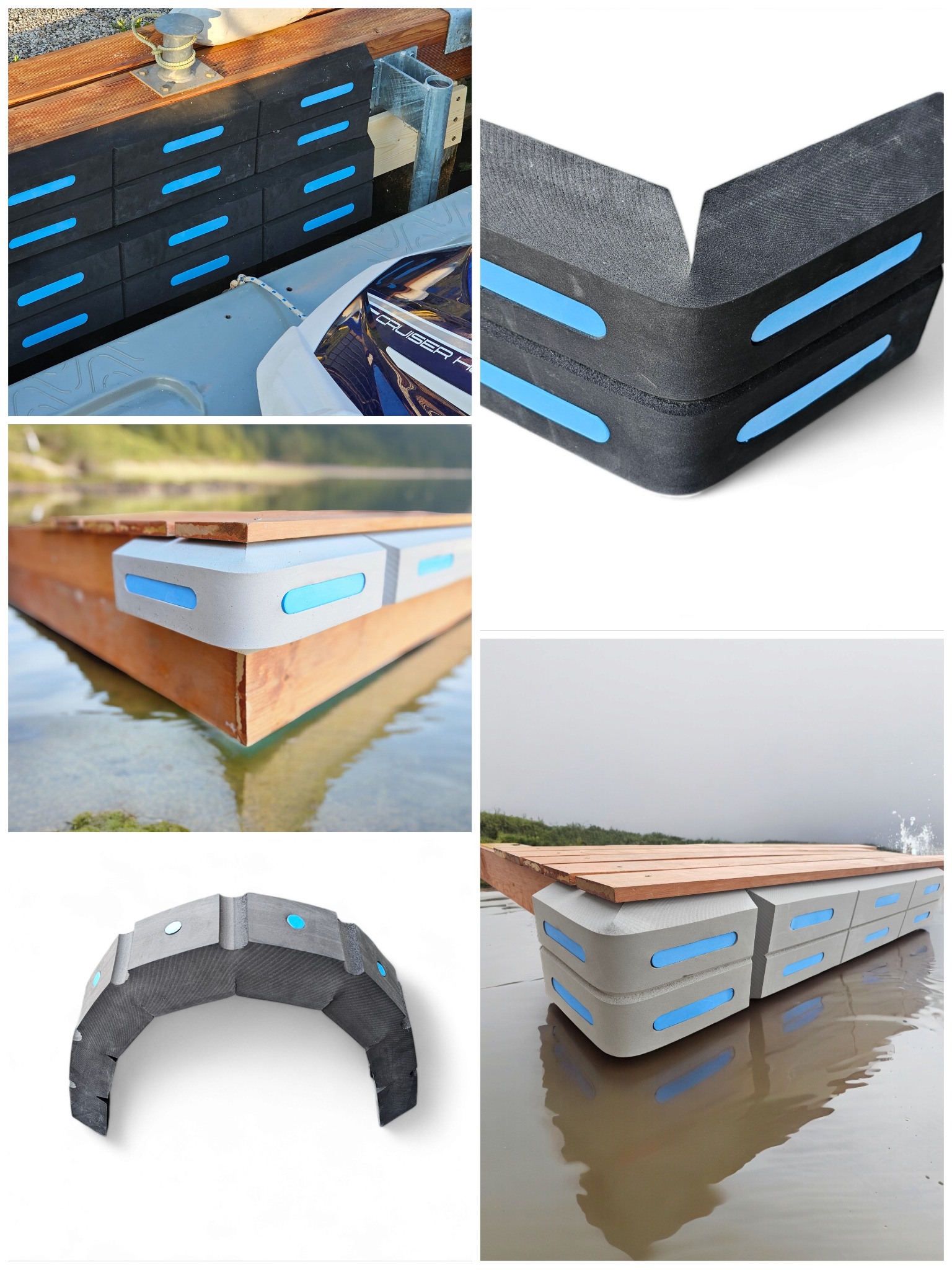 Precyzyjnie wykonane elementy pływające, prawdopodobnie do pomostów lub platform wodnych, z charakterystycznymi niebieskimi akcentami, prezentowane w różnych ujęciach.