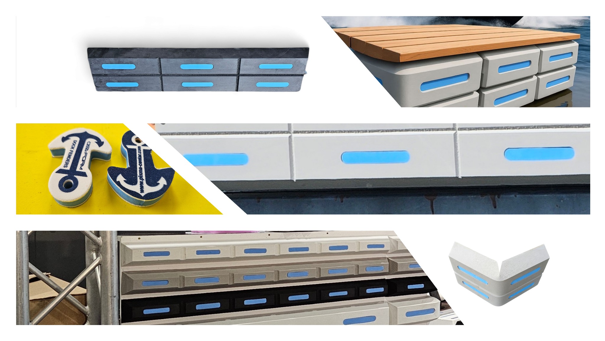 Kompozycja z detali konstrukcyjnych z obróbki CNC: modułowe pływające pomosty, narożniki i elementy kotwiące z niebieskimi akcentami.