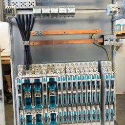 Rozdzielnica elektryczna z modułowymi zabezpieczeniami, miedzianymi szynami i podłączonymi przewodami. Widoczne oznaczenia na elementach. Instalacja wewnątrz metalowej szafy.