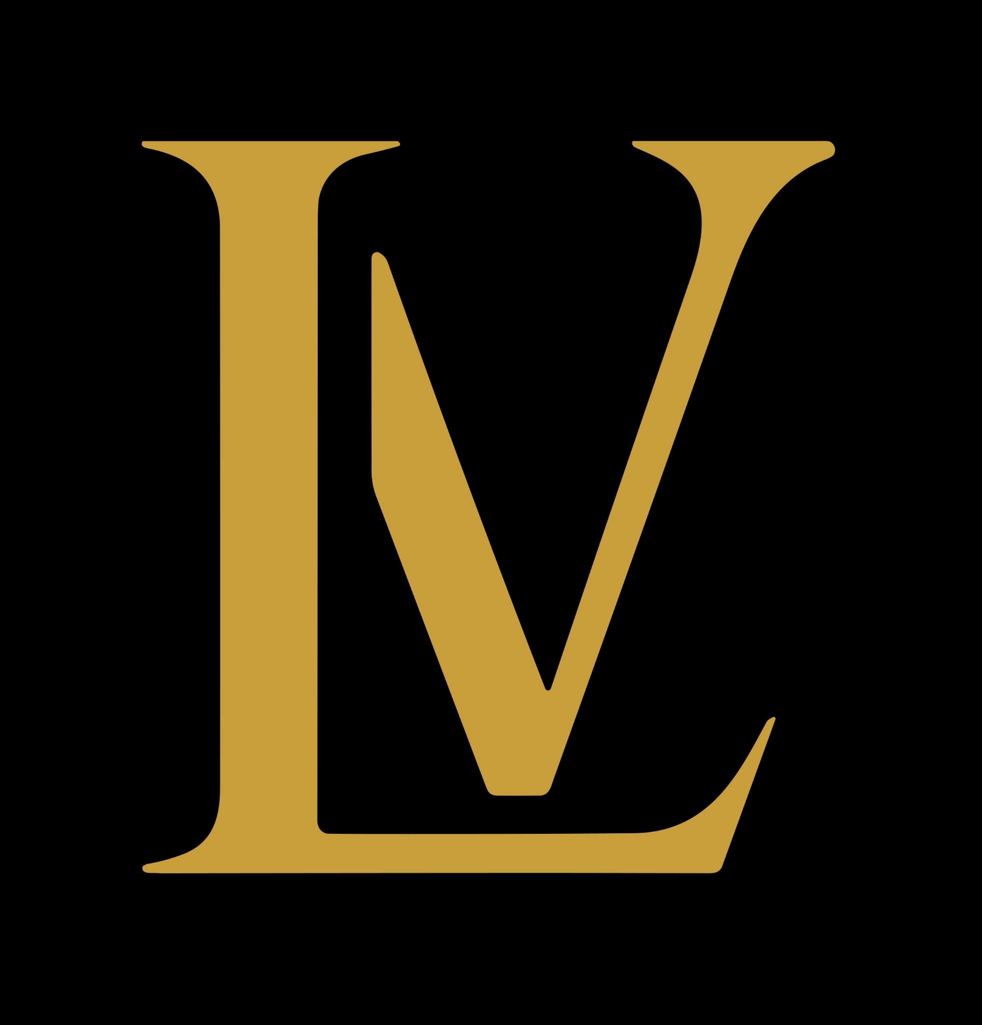 Eleganckie logo LV w odcieniach złota na czarnym tle, minimalistyczny design, wyraźne litery, profesjonalny wygląd, idealne dla kancelarii prawnej.