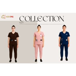 GRAPIL Grażyna Sobieraj sp.Jawna - Kolekcja odzieży medycznej: trzy modelki prezentują komplety w kolorach brązowym, różowym i granatowym. Widoczne detale: kieszenie, identyfikatory i stetoskop.