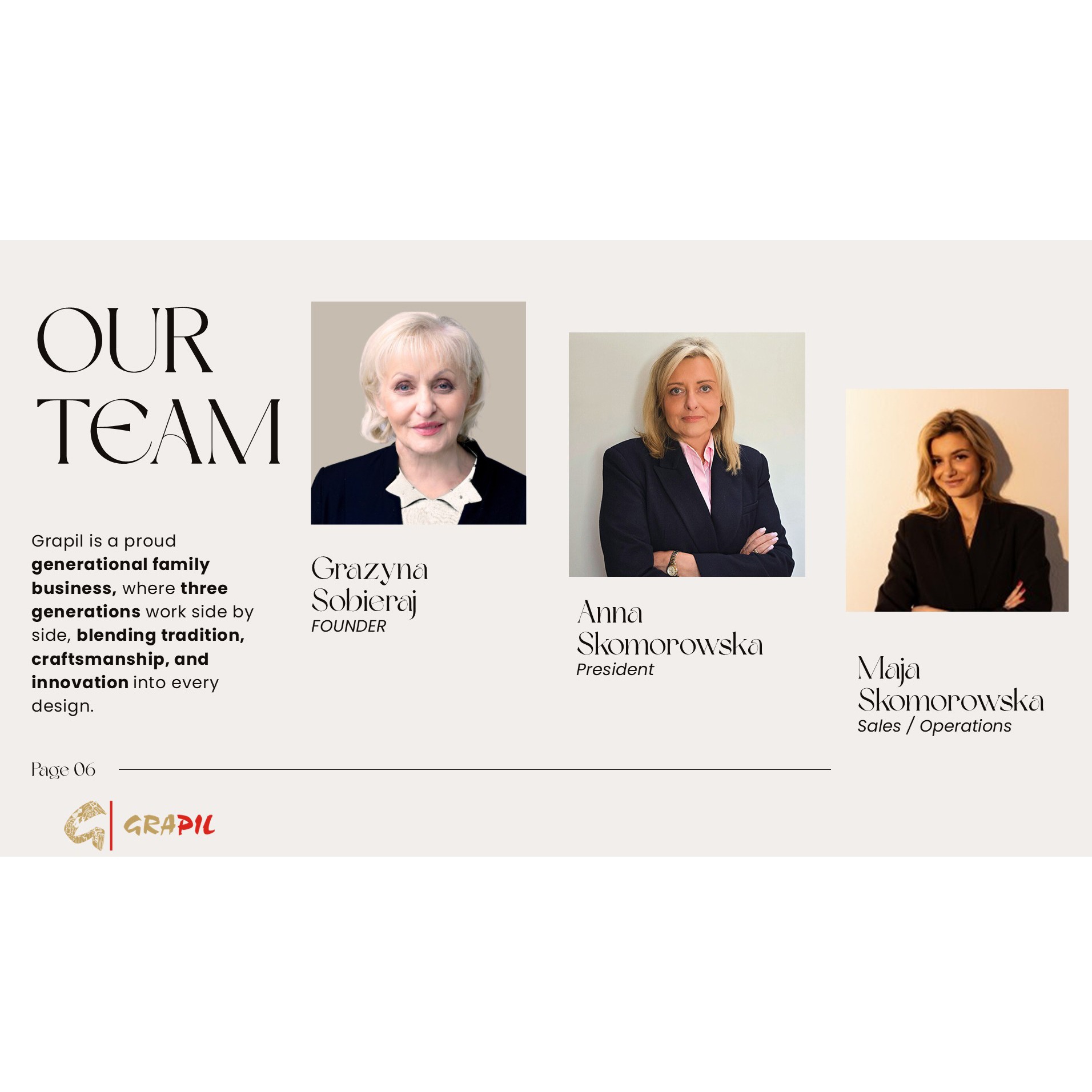 Zdjęcie przedstawia zespół firmy Grapil: Grażyna Sobieraj (założycielka), Anna Skomorowska (prezes) i Maja Skomorowska (sprzedaż/operacje), w eleganckiej kompozycji portretowej.