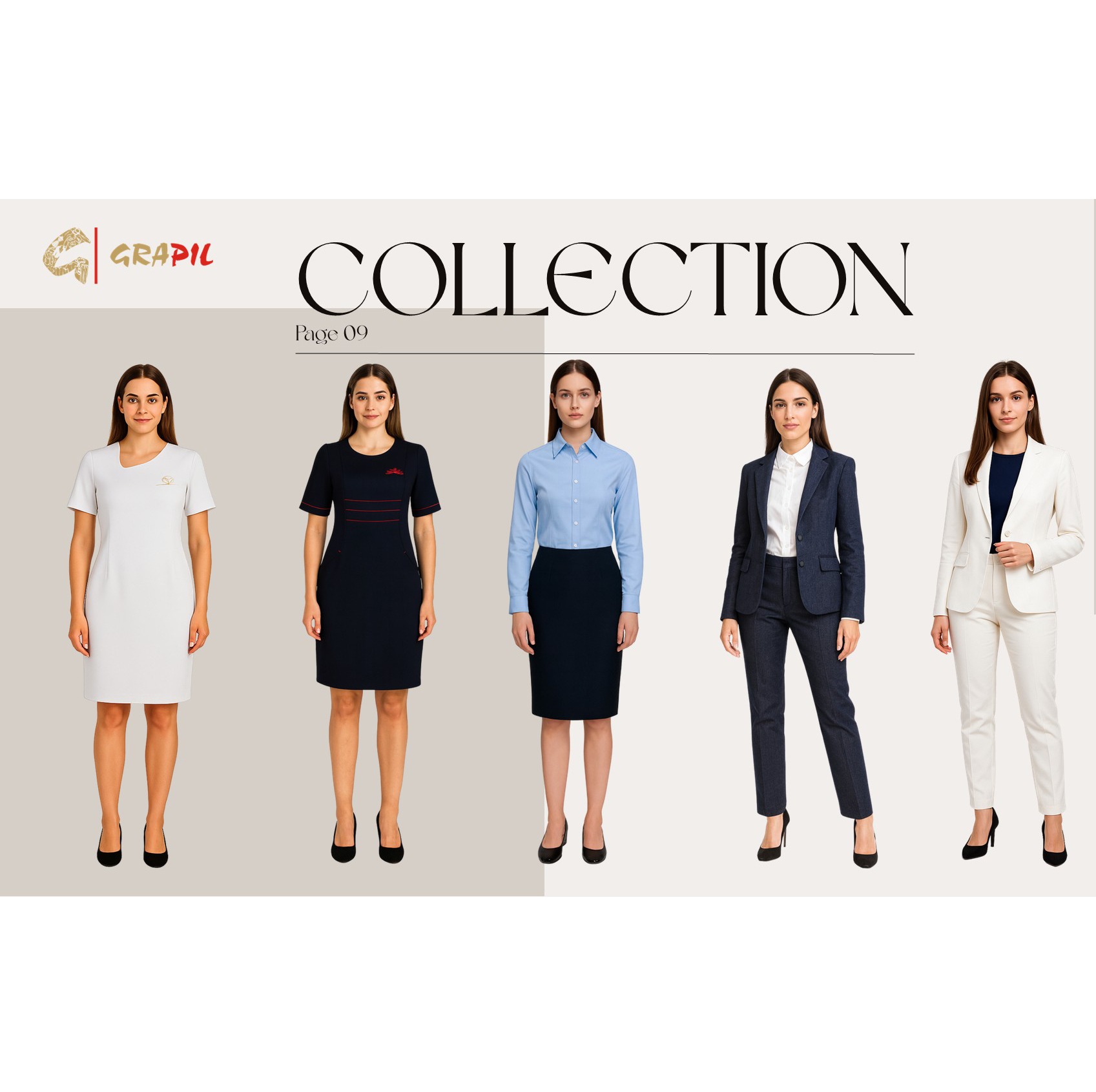 Elegancka kolekcja odzieży damskiej: sukienki i komplety w stonowanej kolorystyce, prezentowane na modelkach na jasnym tle. Strona katalogu firmowego.