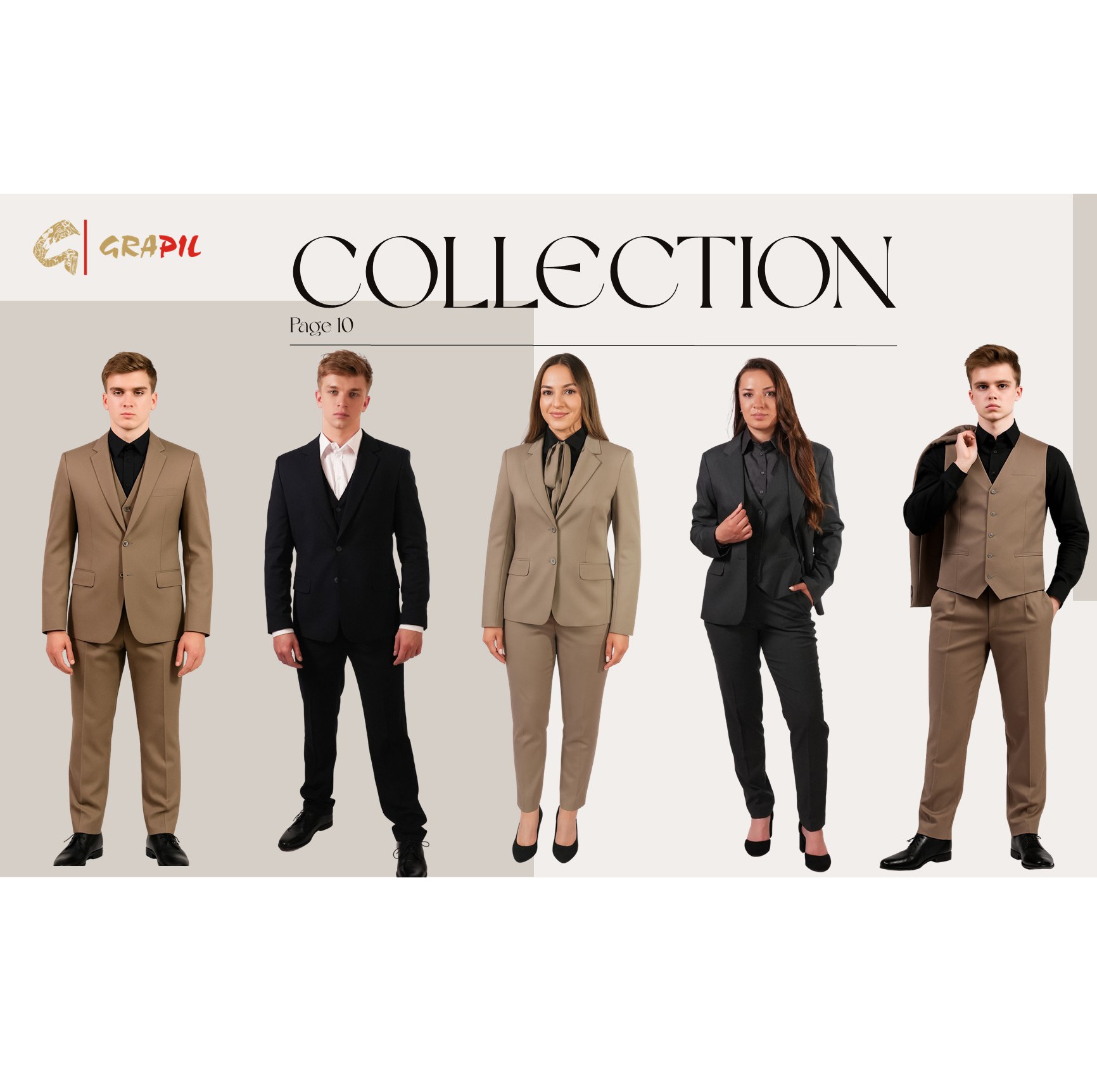 Katalog odzieży biznesowej 'Collection' prezentuje eleganckie, dopasowane garnitury damskie i męskie w odcieniach beżu i czerni. Strona 10.