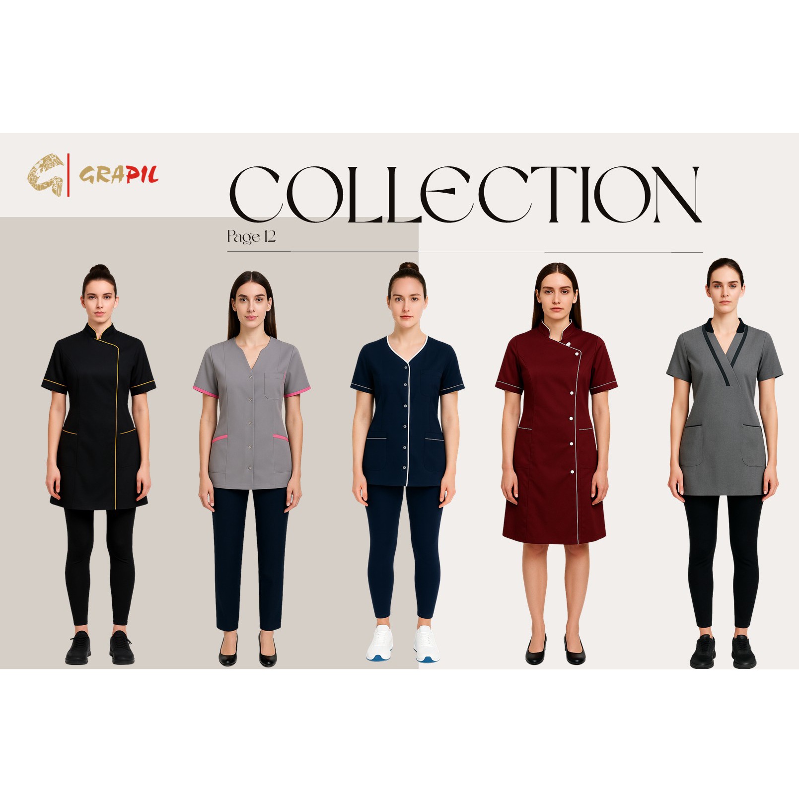 Kolekcja uniformów medycznych: czarny tuniko-fartuch z lamówką, szary z różowym, granatowy z białym, bordowy, szary z czarnym. Prezentacja na modelkach na jasnym tle.