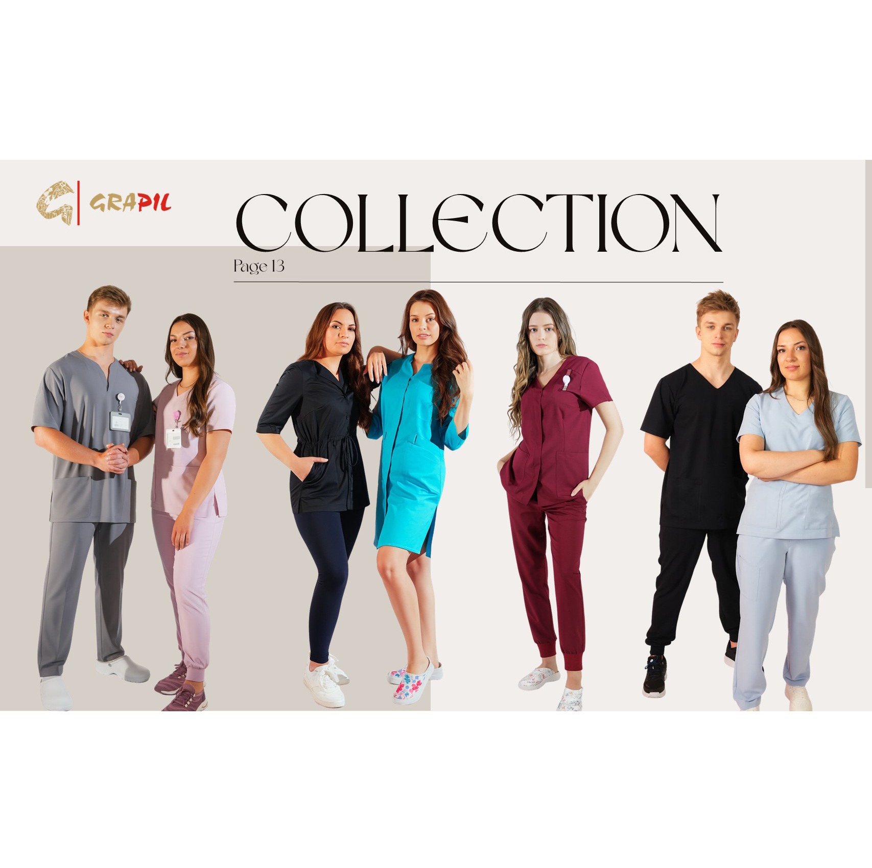 Katalog kolekcji odzieży medycznej: modele prezentują różnokolorowe komplety uniformów z identyfikatorami, na jasnym tle, z widocznym logo marki.