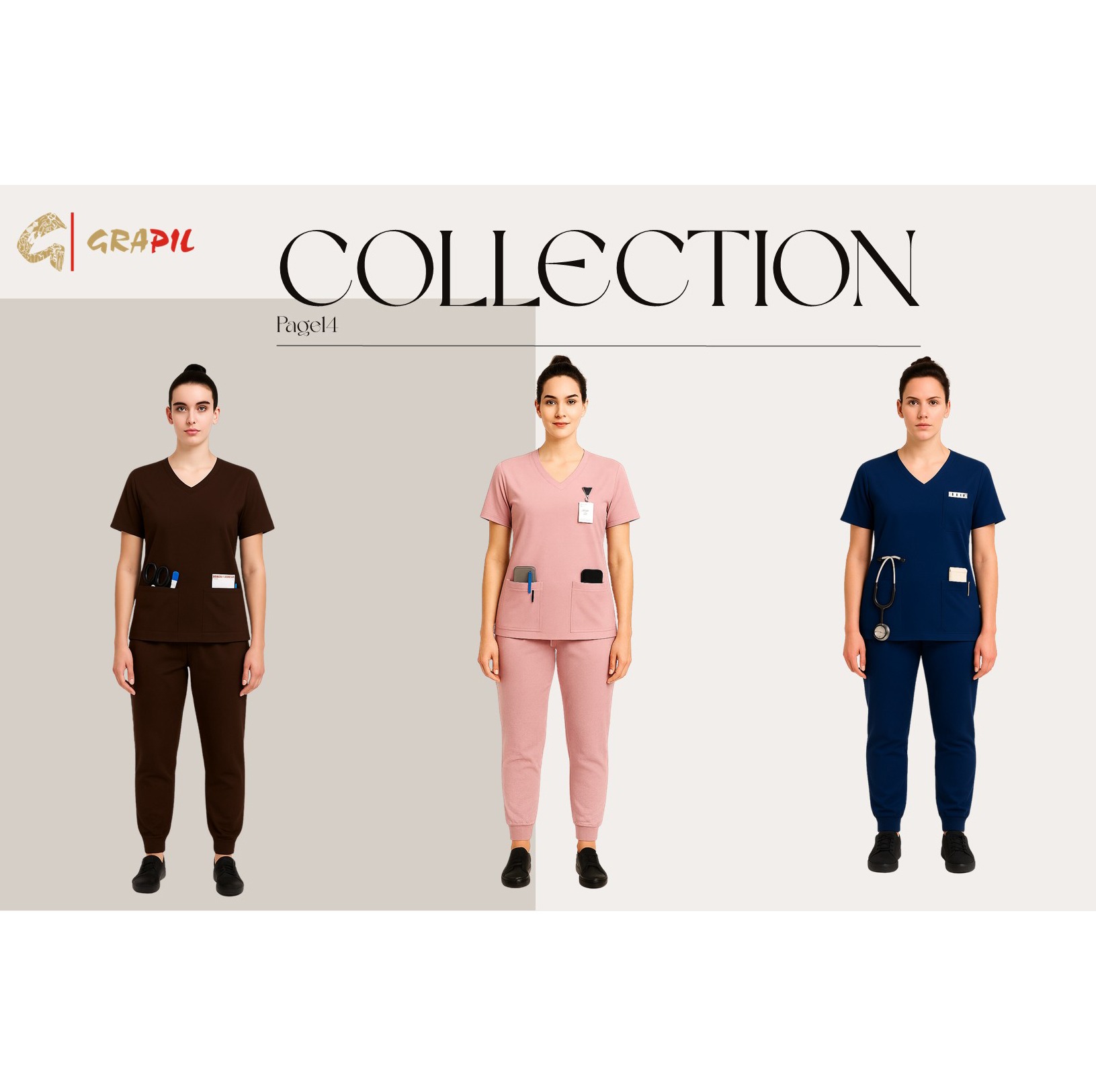Kolekcja odzieży medycznej: trzy modelki prezentują komplety w kolorach brązowym, różowym i granatowym. Widoczne detale: kieszenie, identyfikatory i stetoskop.