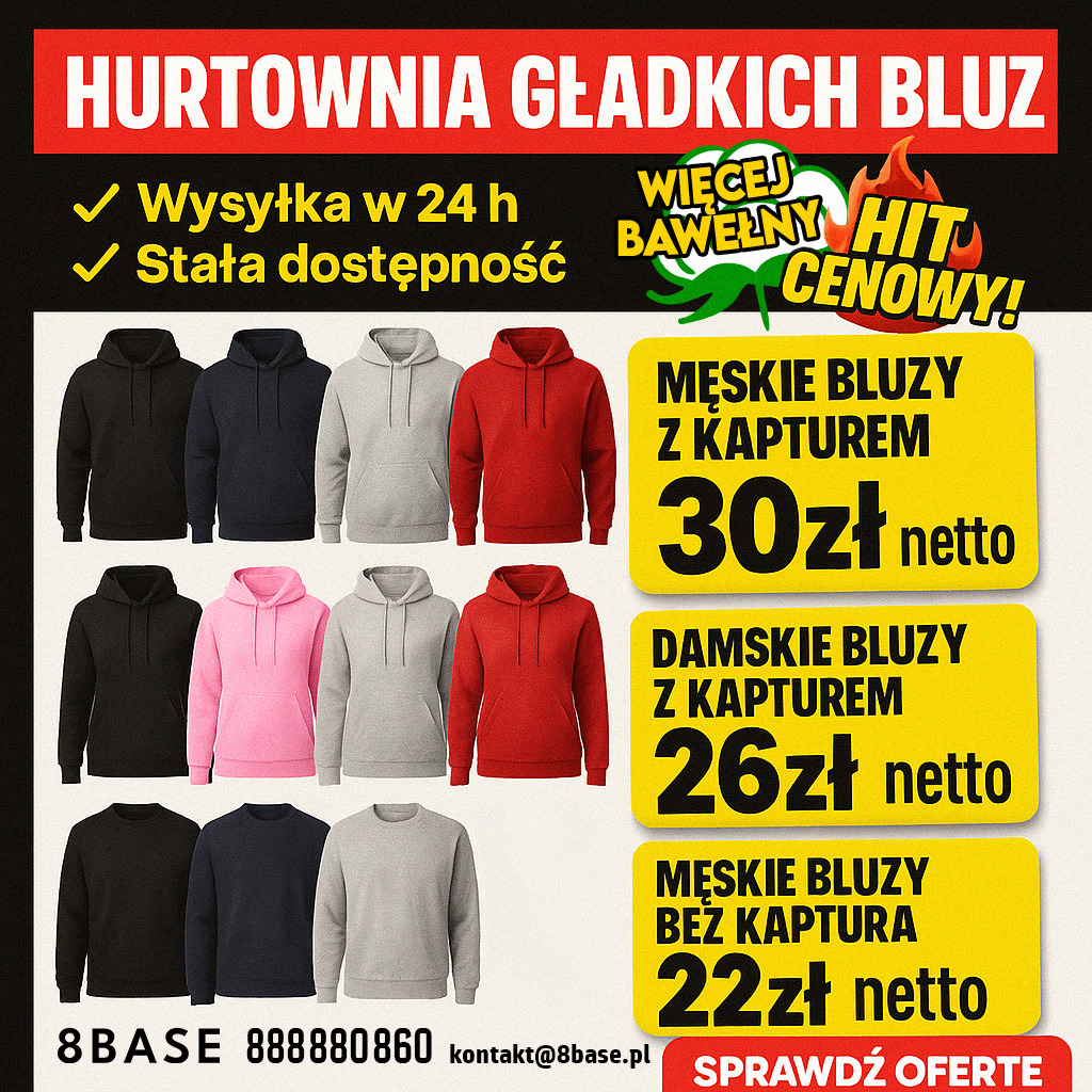 Hurtownia gładkich bluz oferuje męskie i damskie bluzy z kapturem oraz bez kaptura w różnych kolorach. Szybka wysyłka i stała dostępność. Atrakcyjne ceny.