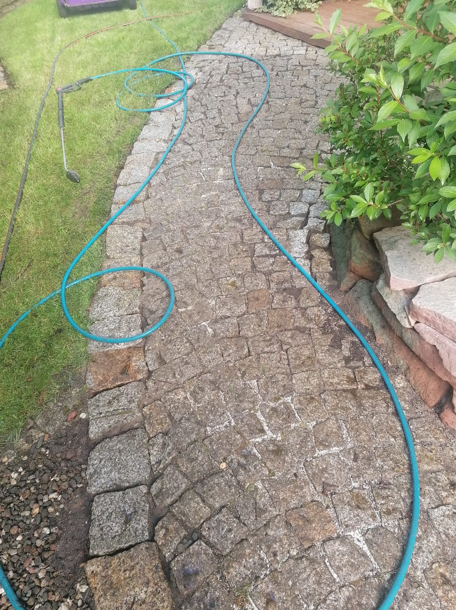 Mycie kostki brukowej: wąż ciśnieniowy na mokrej, wyczyszczonej części ścieżki z kostki, obok trawnik i roślinność. Widoczne różnice w czystości kostki.