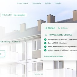 Maciej Kaczmarczyk - Strona internetowa osiedla mieszkaniowego z nowoczesną architekturą, z informacjami o metrażu, cenach i udogodnieniach dla rodzin. Widok na budynki w tle.