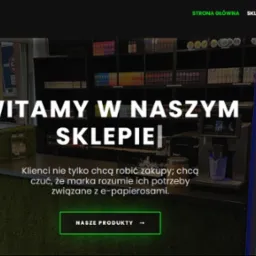 Strona internetowa sklepu z e-papierosami z zielonym motywem na ladzie, napisem 'Witamy w naszym sklepie' i asortymentem w chłodziarce po prawej stronie.