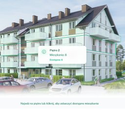 Maciej Kaczmarczyk - Wizualizacja budynku mieszkalnego z zaznaczonym drugim piętrem, informacją o dostępnych mieszkaniach i otoczeniem: parking, zieleń, plac zabaw.