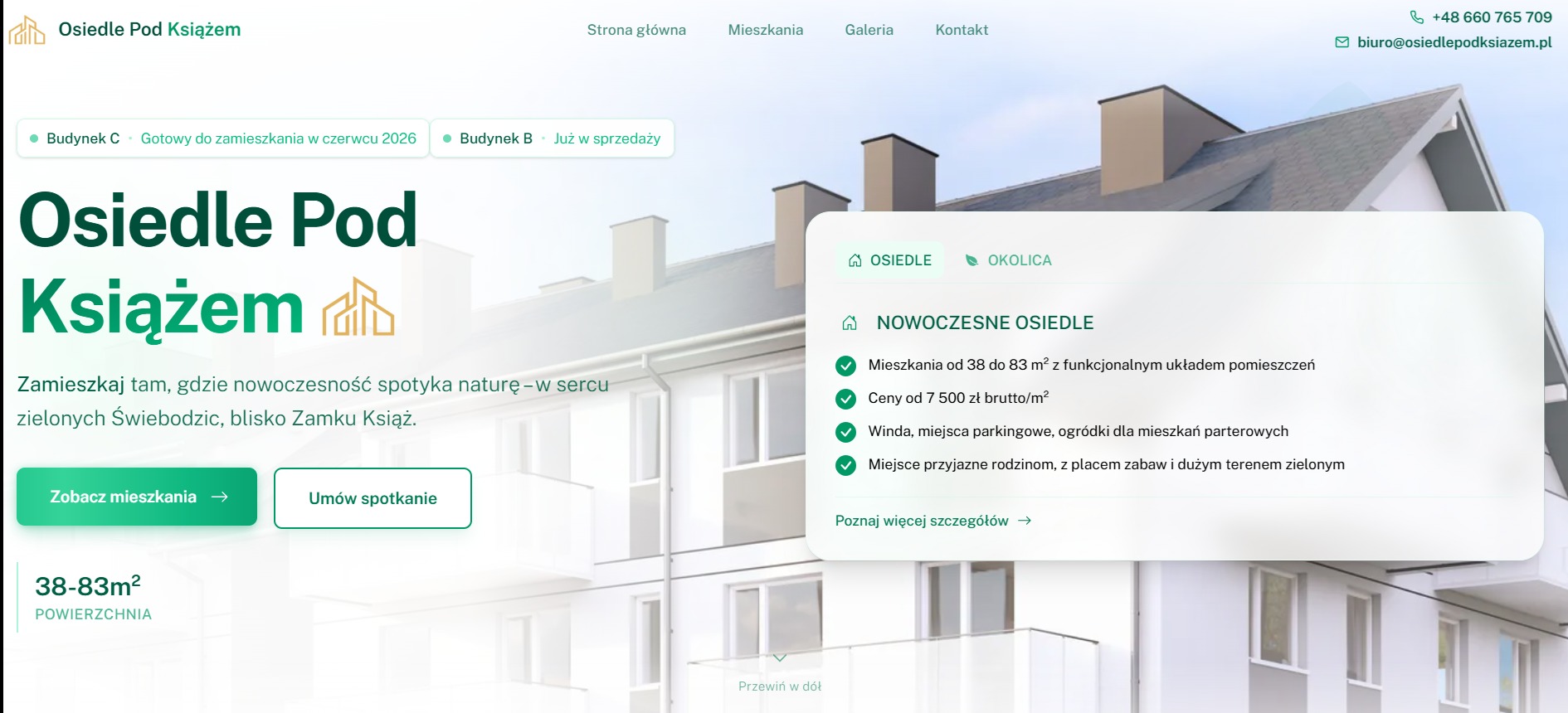 Strona internetowa osiedla mieszkaniowego z nowoczesną architekturą, prezentująca ofertę mieszkań o powierzchni 38-83 m² w zielonej okolicy.