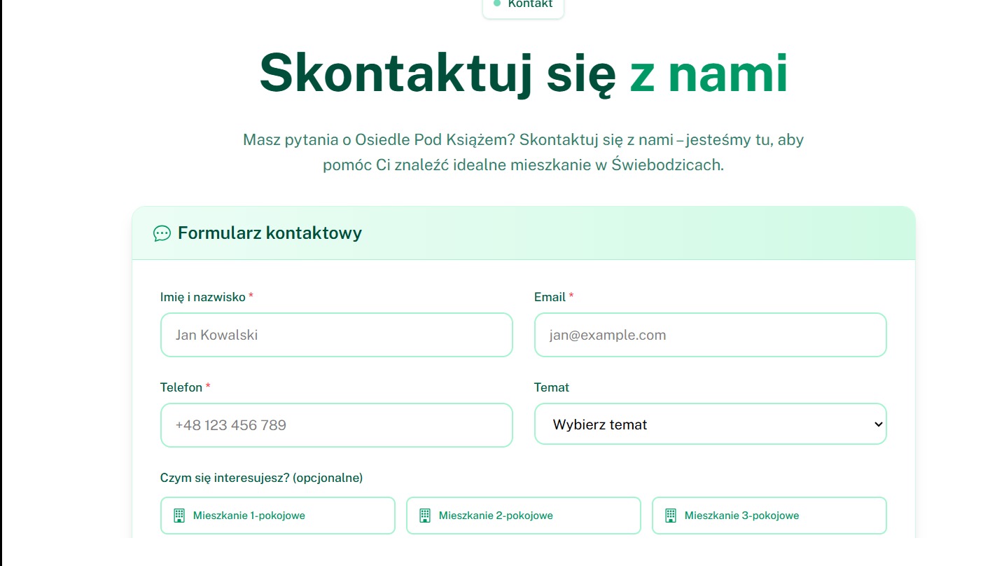 Formularz kontaktowy na stronie internetowej z polskim tekstem: Imię, Email, Telefon, Temat i opcje wyboru mieszkania. Jasne tło, nowoczesny design.