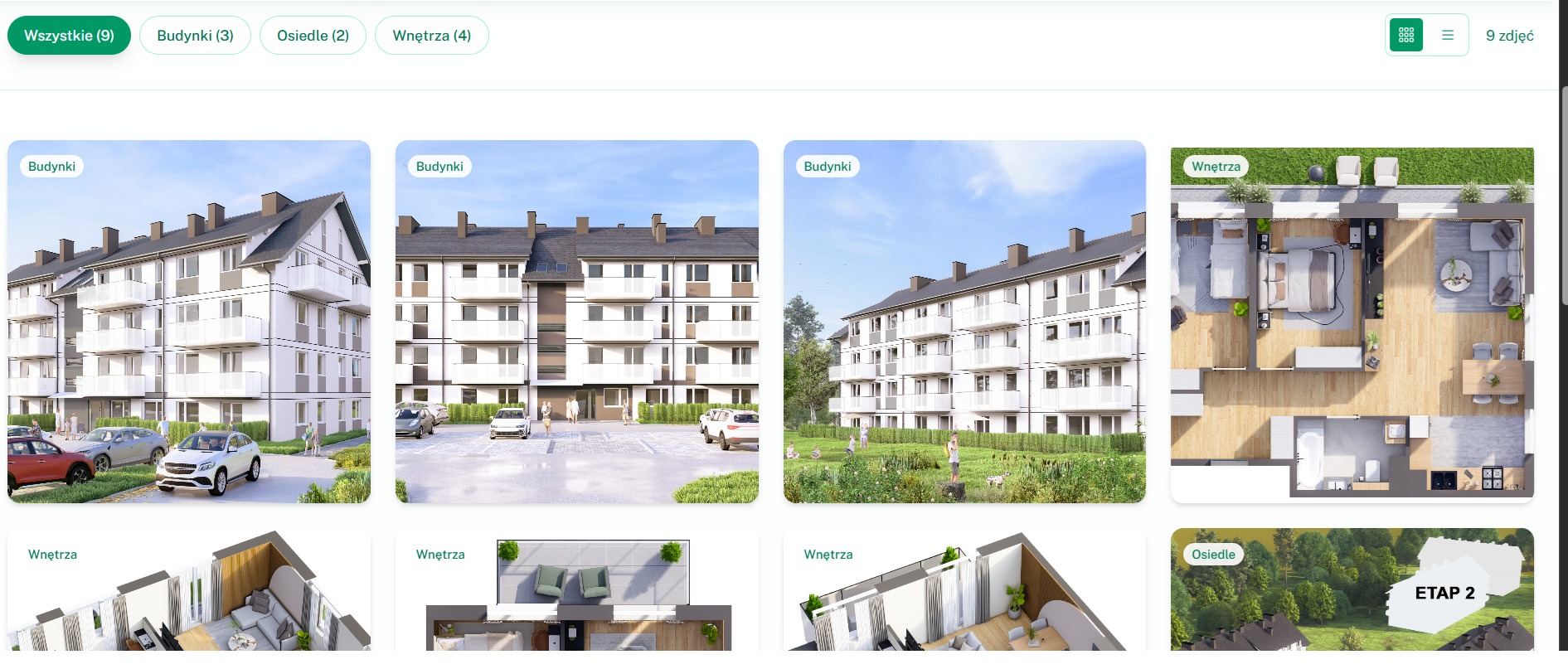 Zbiór miniatur: wizualizacje budynków z balkonami, rzuty mieszkań z góry i wizualizacja osiedla z oznaczeniem etapu budowy, prezentowane w układzie siatki.