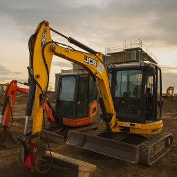 LUK-INVEST SPÓŁKA Z OGRANICZONĄ ODPOWIEDZIALNOŚCIĄ - Żółta koparka JCB na placu budowy, z widocznymi innymi maszynami i konstrukcją budynku w tle, uchwycona pod pochmurnym niebem o zmierzchu.