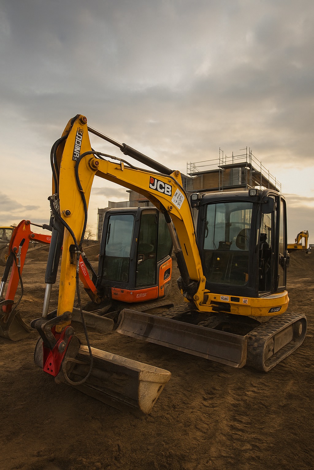 Żółta koparka JCB na placu budowy, z widocznymi innymi maszynami i konstrukcją budynku w tle, uchwycona pod pochmurnym niebem o zmierzchu.