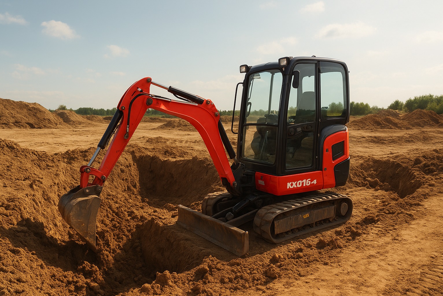 Pomarańczowa mini koparka Kubota KX016-4 kopie dół w piasku na placu budowy. Widoczne pagórki piasku i błękitne niebo.