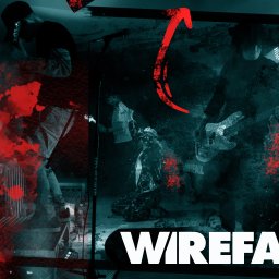 PRO-INVEST - Mroczna grafika z muzykami na tle tekstu 'WIREFALL', z czerwonymi akcentami i efektem grunge, sugerująca plakat koncertowy lub okładkę albumu.