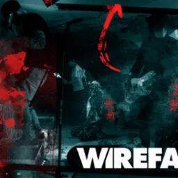 Mroczna grafika z muzykami na tle tekstu 'WIREFALL', z czerwonymi akcentami i efektem grunge, sugerująca plakat koncertowy lub okładkę albumu.