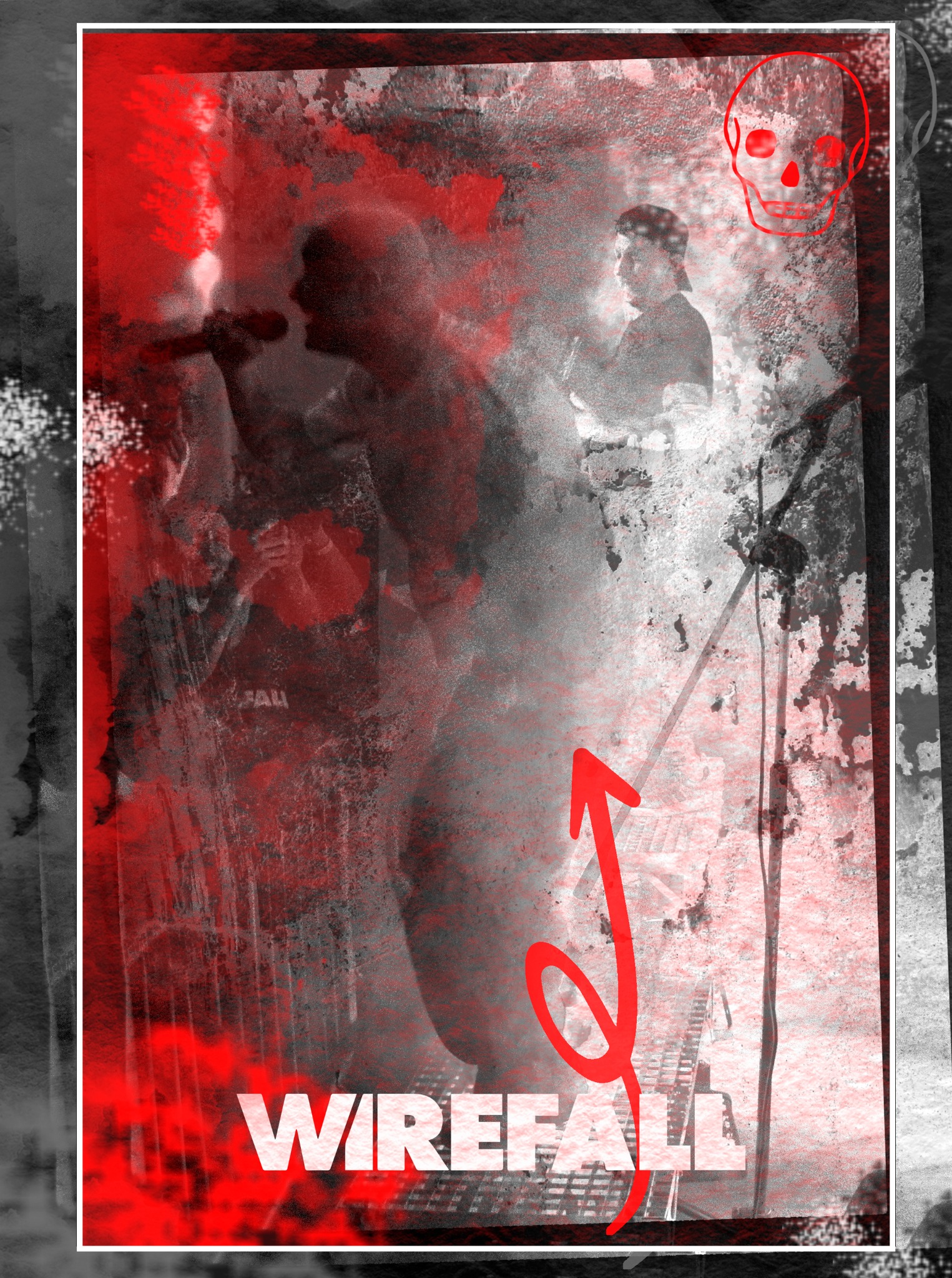 Abstrakcyjna grafika w odcieniach czerwieni i szarości z wizerunkiem muzyka na scenie, logo zespołu Wirefall i motywem czaszki, Kraków. Awangardowy design.