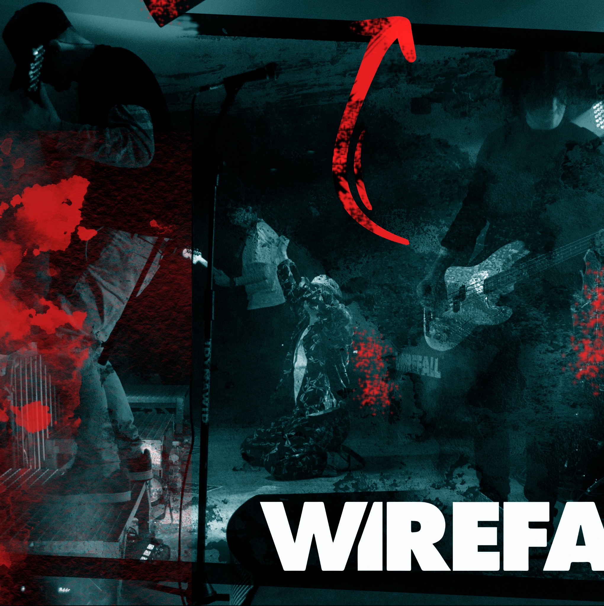 Mroczna grafika z muzykami na tle tekstu 'WIREFALL', z czerwonymi akcentami i efektem grunge, sugerująca plakat koncertowy lub okładkę albumu.