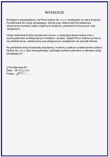 Skan referencji dla firmy Kadina Sp. z o.o. świadczącej usługi sprzątające w budynku Porcelanowa 60, potwierdzający terminowość i staranność realizacji.