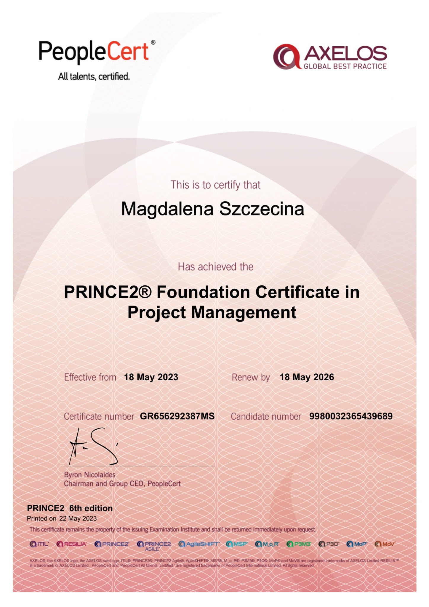 Certyfikat PRINCE2® Foundation w Project Management dla Magdaleny Szczeciny, wydany przez PeopleCert, potwierdzający kompetencje w zarządzaniu projektami.