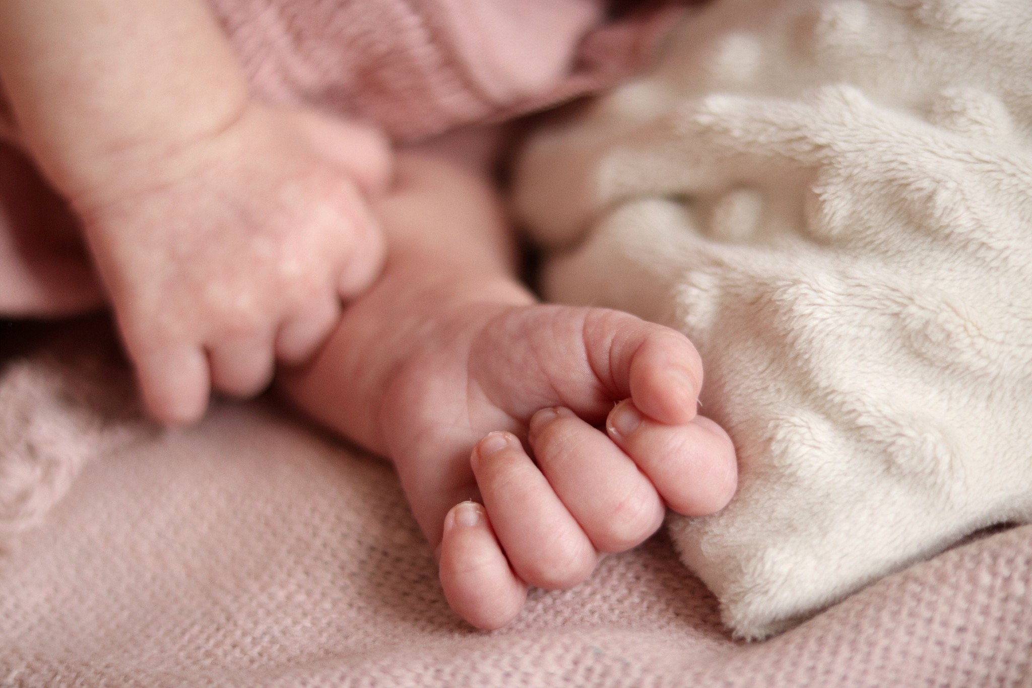 Drobne dłonie noworodka spoczywają na miękkim, różowym kocyku, delikatnie kontrastując z kremowym futerkiem w tle. Subtelne światło podkreśla detale skóry.